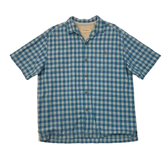 Tommy Bahama Shirt Mens L Large Delft Sky Silk Plaid Button Up Shirttail Pocket - Picture 1 of 11